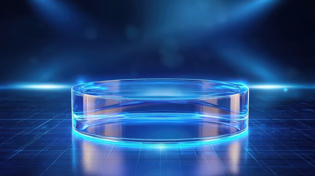 Transparent glass product display stage, empty podium with blue glowing light on futuristic background
