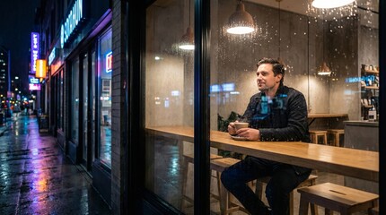 Man sipping coffee urban  digital illustration rainy night intimate viewpoint relaxation concept