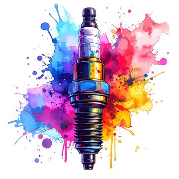 Shiny metal spark plug center, with vibrant watercolor splashes of pink, purple, yellow, and blue hues behind it
