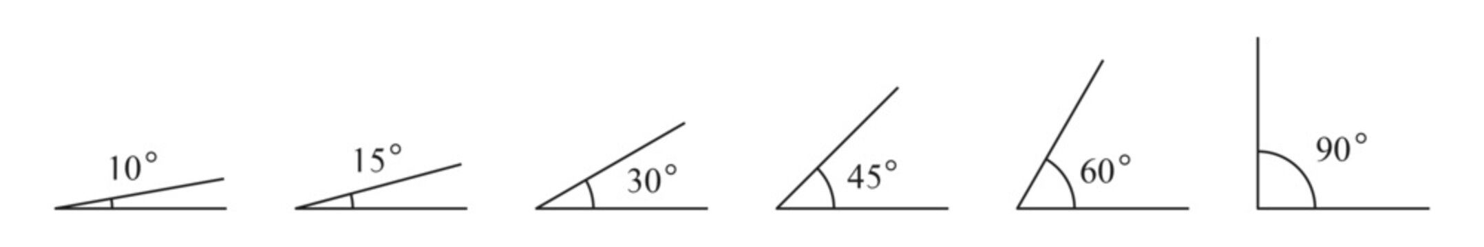 Collection of acute and right angles of triangle. Various angles 10, 15, 30, 45, 60, 90 degree icon set. geometry and trigonometry icon set vector illustration