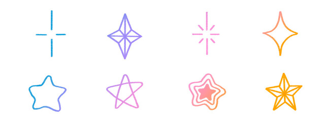 Obraz premium Sparkling star doodle elements icons simple stars illustration vector set in pastel rainbow color