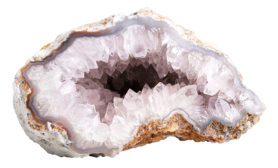 This cut-out element features a half geode crystal revealing its inner surface filled with shimmering quartz. The intricate layers of color highlight its natural beauty against a transparent backdrop