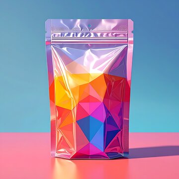 Shiny, modern stand-up pouch with colorful geometric shapes sits on pink against a gradient blue background