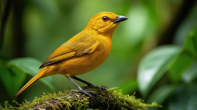 Vibrant Golden Chloropsis Bird Perched on Moss-Covered Branch in Lush Green Forest, Daylight Serenity