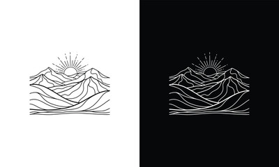 Mountain Sunrise Line Art Minimalist Landscape Design.