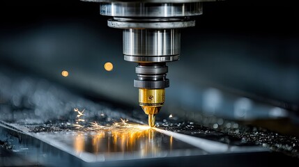 Precision machinery performs automated metal cutting operation generating bright sparks