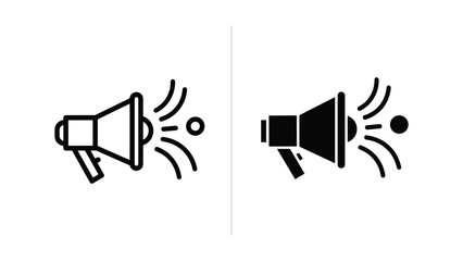 Megaphone Symbol: Two minimalist black and white megaphone symbols, one solid and one outlined, convey powerful messages of announcements and promotion, perfect for communication-focused content.