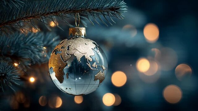 Luxurious glowing globe ornament on a festive tree branch with sparkling bokeh lights
