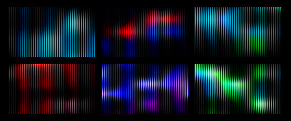 Set of futuristic neon fractal glass backgrounds with vibrant blue wavy gradients. Dynamic series of neon blue gradient backgrounds shaped by ribbed fractal glass for digital project and visual design
