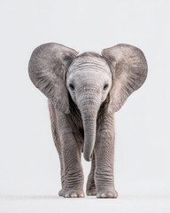 Obraz premium Baby elephant wildlife animal isolated white background. Cute baby elephant standing isolated on white background representing wildlife innocence nature and animal conservation.