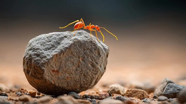 A Vibrant Red Ant Explores a Small Rock in a Detailed Macro View