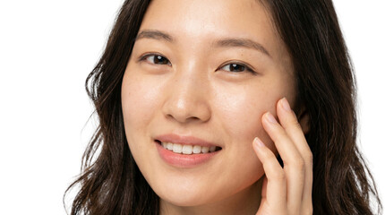 Fototapeta premium Smiling Young Asian Woman Touching Cheek on White Background