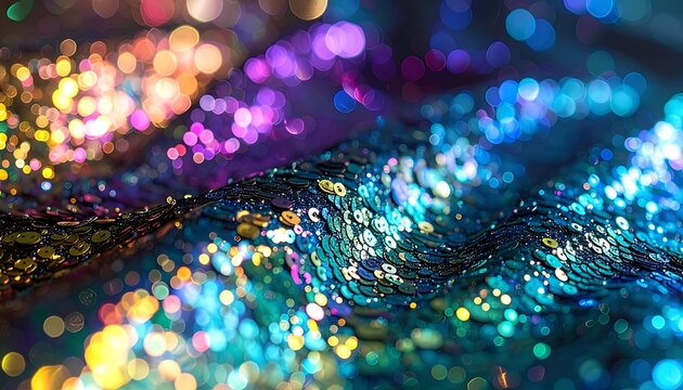 Shimmering waves of sequins in vibrant hues of blue, purple, and gold creating a dazzling, textured abstract view