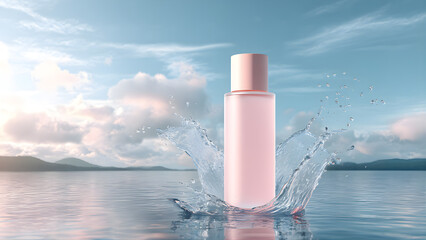 A minimalistic pastel pink skincare toner bottle, sleek cylindrical shape with a soft stone-pink cap, standing on a reflective surface. The bottle has a clean blank label space (no text). Dramatic spl