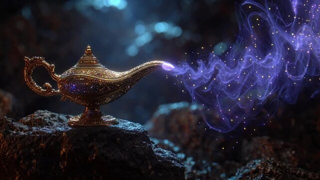 Mystical purple magic emerges from an ornate, magnificent antique lamp in a dark fantasy setting
