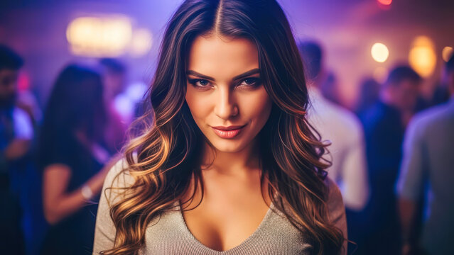 Confident young woman in wavy brown hair, light shirt, gazing seductively at camera amid bustling nightclub party atmosphere