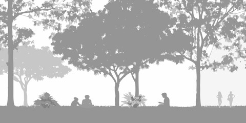 A serene grayscale landscape featuring trees and people relaxing outdoors