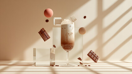 A photographic still life, minimalistic conceptual composition of Hōjicha iced latte, 3/4 view perspective, tall skinny cocktail glass, Hōjicha powder, milk and ice, with surreal and absurd styling, s