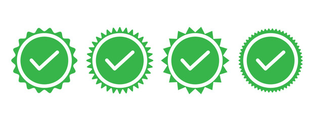 Green isolated check mark set of 4 on white background. Starburst green tick mark on white background. Vector check mark icon. Modern tick mark set. Isolated valid icon set. Vector acceptance icon . © Dayat