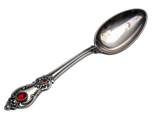 Ornate silver spoon with red gems on handle, against a black background