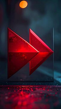 Shiny red forward symbol in glass box, reflecting on dark, bokeh-lit surface, with blurry background