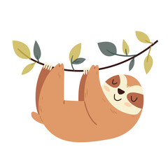 Obraz premium Cute sloth hanging from a tree branch with leaves. Flat cartoon style with Scandinavian minimalist aesthetic. Perfect for kids’ designs, posters, or nursery prints.