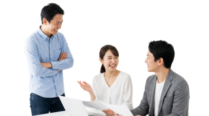 Three Asian Business Colleagues Collaborating and Smiling in a Meeting