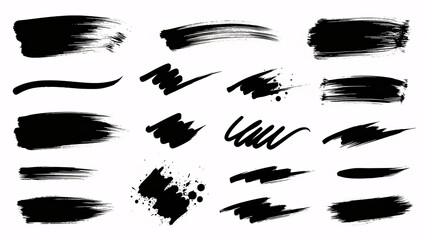 Collection of diverse black ink brush stroke elements featuring thick smears splashes and various hand drawn highlights perfect for graphic design projects and artistic embellishments
