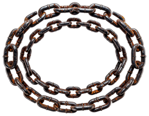 Three rusted metal chains arranged in concentric circles against a stark black background