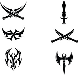 Collection of sharp tribal weapon silhouettes featuring crossed swords battle axes and fantasy daggers for warrior branding.