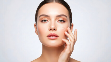 Radiant young woman with sleek low bun, gentle makeup, and a single refreshing water droplet on cheek - beauty and skin-care concept