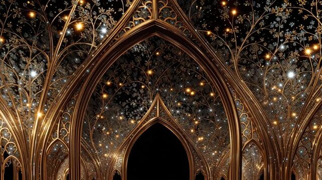 Majestic Golden Archways Illuminating a Mystical Fantasy Realm with Sparkling Details