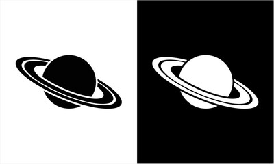 Saturn planet icon in black and white, a simple and elegant representation of the ringed gas giant. © Ramon