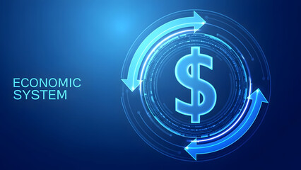 Glowing blue economic system concept with dollar sign and arrows on dark background