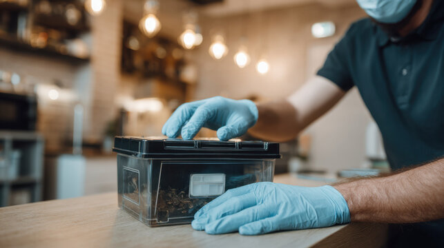 Pest control worker placing ant bait station on kitchen counter with protective gloves and hygiene concept