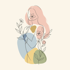 Abstract Woman Portrait with Floral Elements and Geometric Shapes