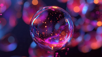 Mesmerizing 3D render: vibrant translucent spheres with glowing particles float in dark abstract space - Powered by Adobe