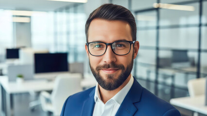 Obraz premium Professional confident male portrait with beard and glasses in blue suit, modern office background, corporate success, leadership, and approachability
