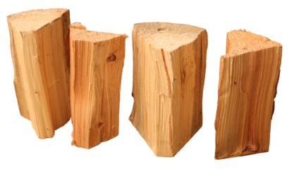 Four pieces of firewood arranged on a transparent background. Each piece shows natural wood grain and texture. Suitable for crafting and design projects that require firewood elements