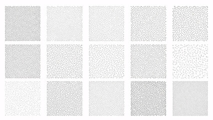 Collection of fifteen distinct black and white geometric texture patterns featuring subtle variations in random dot distribution and density for abstract background design applications