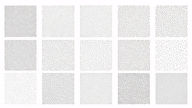 Collection of fifteen distinct black and white geometric texture patterns featuring subtle variations in random dot distribution and density for abstract background design applications
