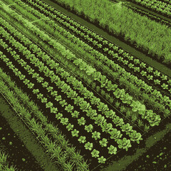 Aerial View of Organized Farm Fields with Green Crops Growing in Rows