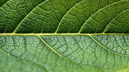 Obraz premium Macro Close-Up of Green Leaf with Prominent Yellow Vein, Radiating Veins Symbolizing Growth, Vitality, and Natural Elegance