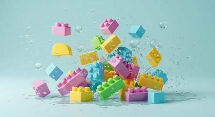 Colorful Plastic Building Blocks Falling in Air on Light Blue Background