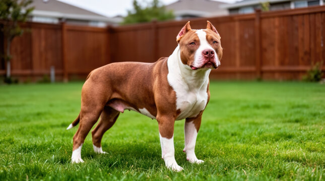 Alert Brown and White Pit Bull Dog Standing on Green Backyard Lawn with Wooden Fence and Gray Roof Houses