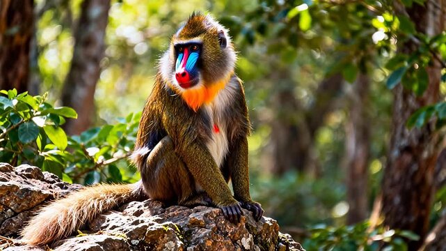 Colorful monkey on rock in forest