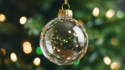 P50-Christmas realistic glass transparent ball on green background. Holiday vector card. 4K 10s