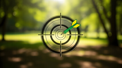 A green dart hits the bullseye on a target in a sunny outdoor setting with trees and grass