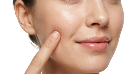 Close Up of Woman Pointing to Healthy Glowing Skin