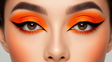 Fototapeta premium Vibrant Orange Cut-Crease Eye Makeup Tutorial Featuring Dramatic Winged Eyeliner and Voluminous Mascara - Bold Confidence and Creative Expression
